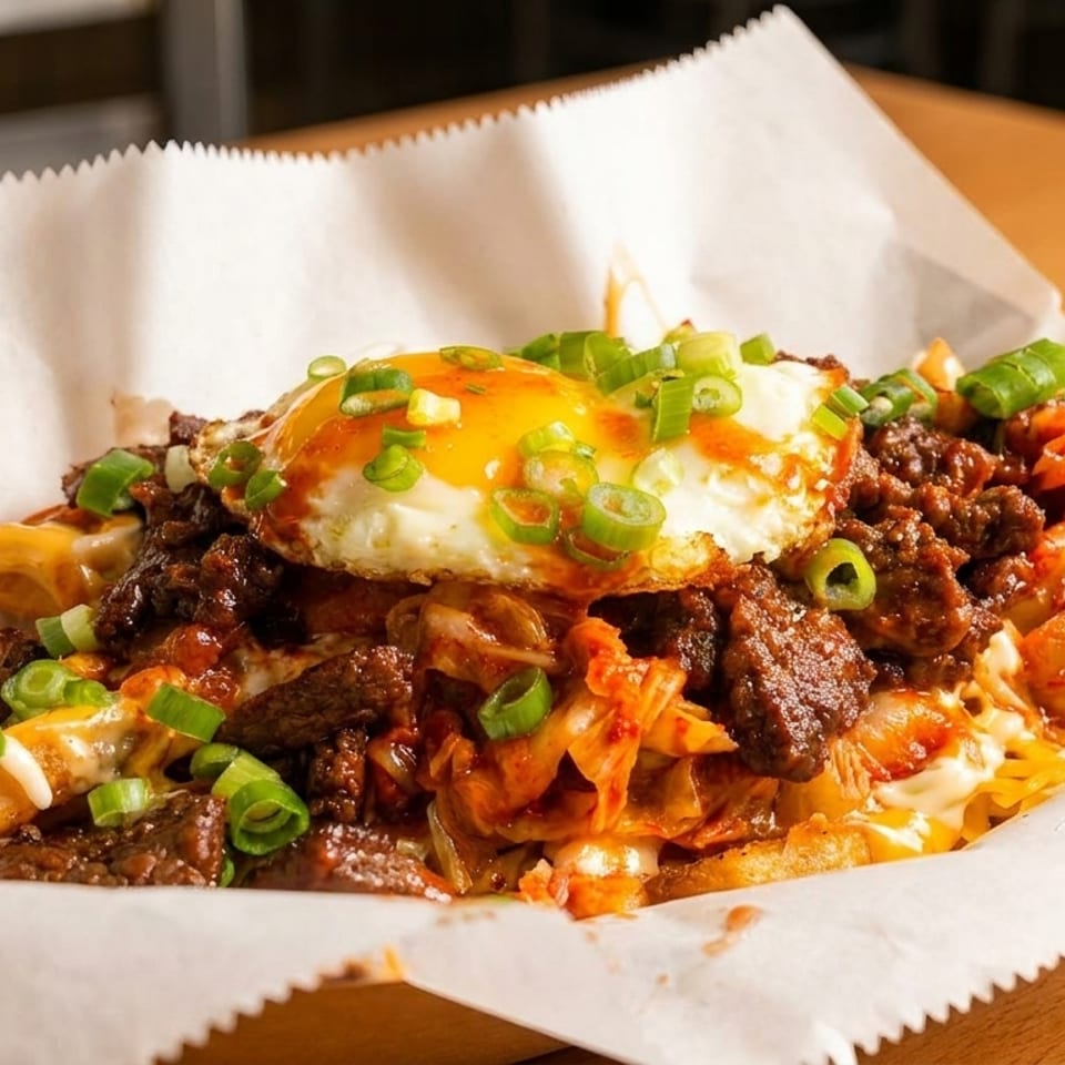 Loaded fries with bulgogi, kimchi, cheese, green onions, and a fried egg in a paper-lined basket.