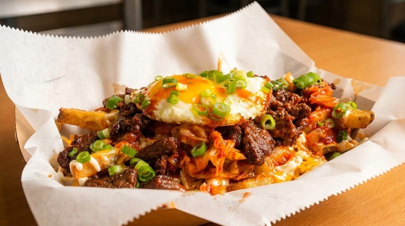 Loaded fries with bulgogi, kimchi, cheese, green onions, and a fried egg in a paper-lined basket.
