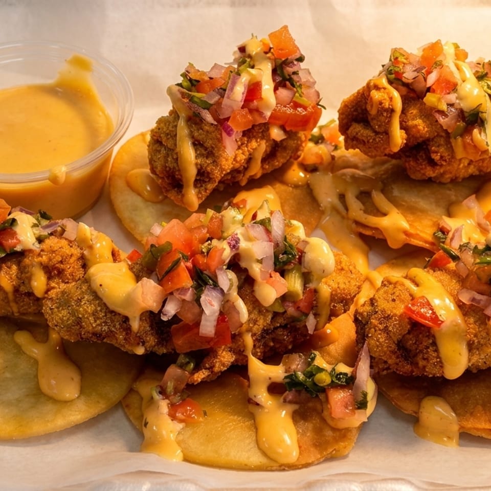 Fried green tomatoes topped with pico de gallo and a creamy sauce, served with a side of dipping sauce.